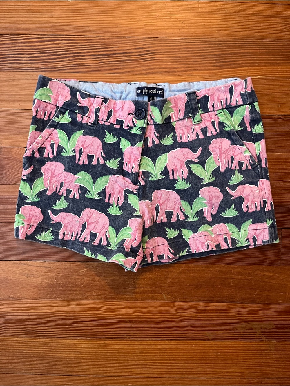 Simply Southern Pink Elephant Print Jean Shorts on Navy with 4 Pockets